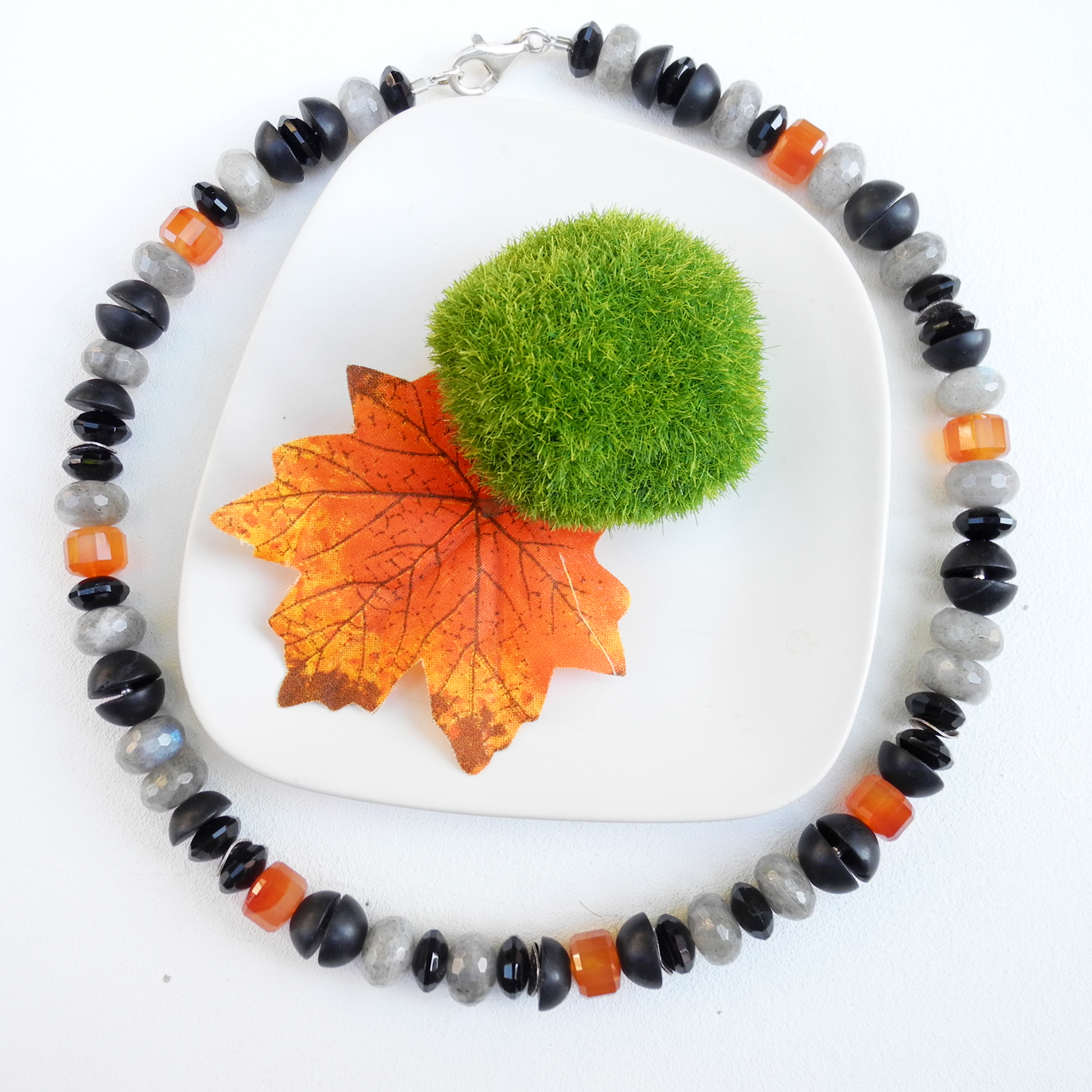 Edelsteincollier Onyx/Labradorit/Carneol/925% Silber